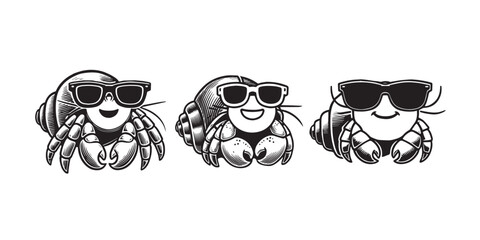 Obraz premium Cute Hermit Crab sitting wearing sunglass illustration vector, Set of Joyful Hermit Crab Clipart Art 