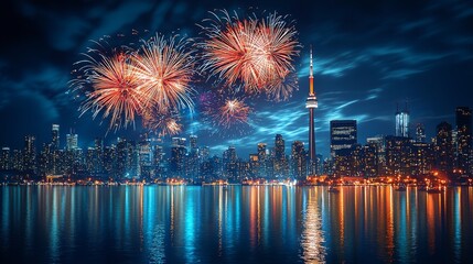 Colorful fireworks light up the skyline of a vibrant city, reflecting on the calm waters below, creating a festive atmosphere filled with joy and celebration during the night.
