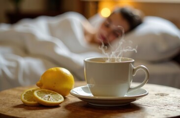A Healing Cup of Tea with Lemon Placed Comfortably by a Sick Childs Bedside for Recovery