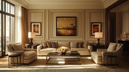 A living room featuring a monochromatic color scheme with varying shades of beige, creating a harmonious and soothing environment.