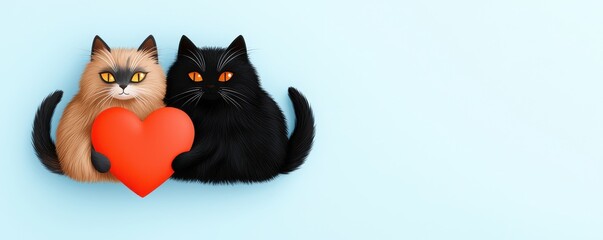 Fototapeta premium Two adorable cats, one light and fluffy, the other sleek and black, are holding a red heart against a soft blue background.