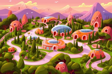 Naklejka premium Sustainable community development futuristic eco-village digital artwork serene landscape aerial view harmony with nature