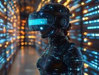 Futuristic woman in VR headset, digital corridor.