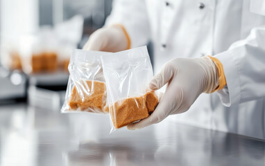 High quality shot of sealed food packages being checked in kitchen