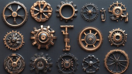Fototapeta premium Various steampunk gears and mechanical components with intricate designs