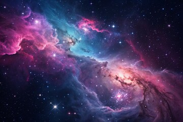 Purple gas nebulae in space and sparkling stars