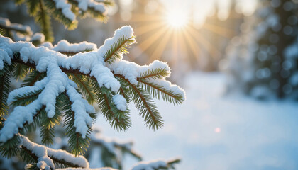 Snow-covered pine branch with sunlight in winter landscape