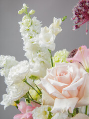 Soft Pink and White Floral Arrangement with Roses and Larkspur