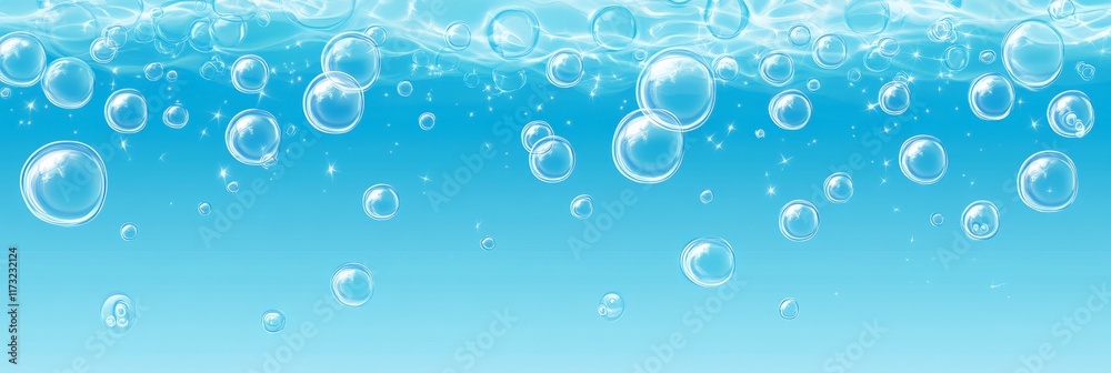 Poster Crystal clear water surface ripples gently, adorned with floating bubbles and shimmering sparkles. The scene captures a tranquil underwater atmosphere with a sense of serenity and purity