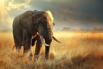 Fototapeta premium An elephant walks through golden grass at sunset in a serene African landscape. Copy space