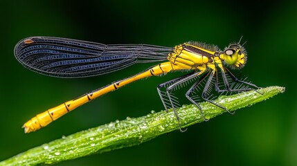 Vibrant Yellow Dragonfly Perched on Green Grass Blade with Dew