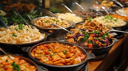 A variety of delicious dishes displayed in serving trays at a buffet.