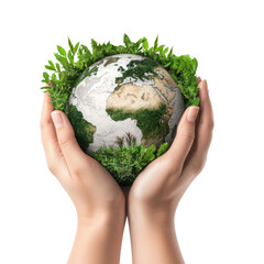 Hands holding a green earth with plants growing around on a transparent background clipart