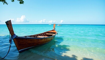 Obraz premium Wooden fishing boat with a blue edge on the horizon, wooden boat dock, calm sea