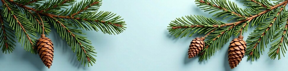 Fototapeta premium Wreath made of long stems of fir branches with large pine cones hanging from it, home fragrance, evergreen