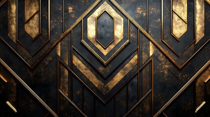 "Elegant Black and Gold Art Deco Pattern Featuring Symmetrical Geometric Shapes for a Luxurious Design"