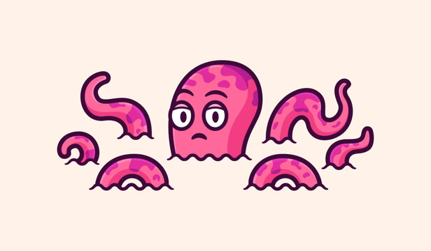 Grumpy Pink Octopus with Tentacles - Creative Hand-Drawn Vector Illustration