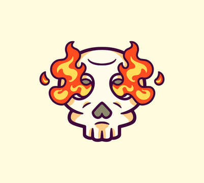 Cartoon Skull with Fiery Flames - A Unique Hand-Drawn Vector Design