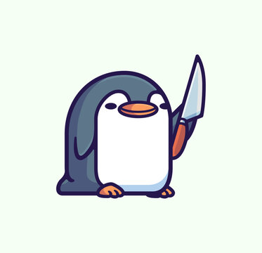 Funny Cartoon Penguin Holding a Knife - Unique Hand-Drawn Vector Design