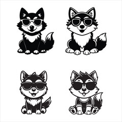 Fototapeta premium Collection of Cute Wolf sitting wearing sunglass illustration vector, Joyful Wolf Clipart Art 