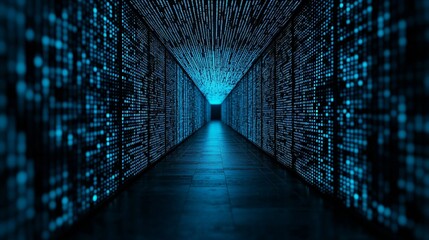 fiber optic and installation concept. A dark corridor illuminated by glowing blue digital patterns.