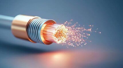Fototapeta premium fiber optic and installation concept. A glowing nozzle emitting sparks against a blue background.