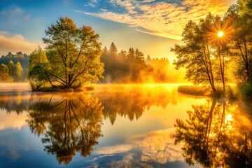 Obraz premium Golden Dawn's misty embrace: macro view of serene lake, trees veiled in sunrise light.