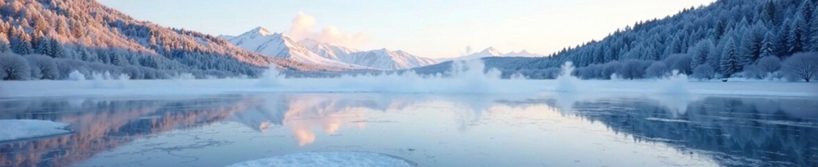 Fototapeta premium A frozen pond reflects the distant hills and trees, icy, tranquil