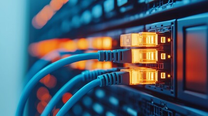 fiber optic and installation concept. Network cables connected to a server, glowing with orange lights in a data center environment.