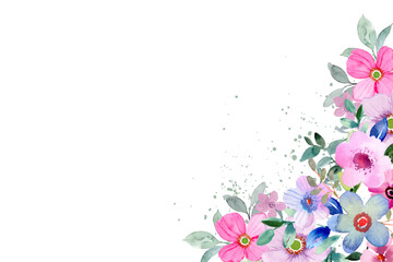 Watercolor flowers background for design. Floral border frame card template.