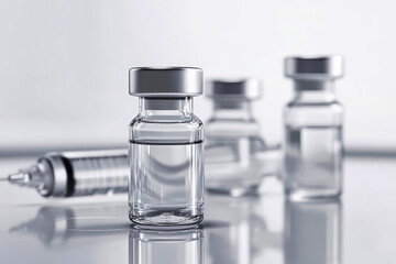 Close-up view of glass vials and a syringe showcasing a modern healthcare concept