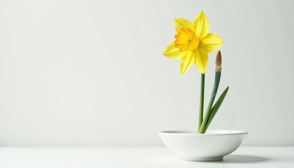A single bright yellow narcissus flower placed in a shallow vase against a soft white background, narcissus, elegant, simple