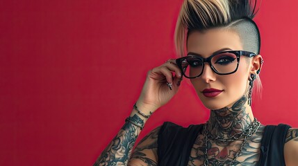 Obraz premium Stylish punk woman with a mohawk and tattoos adjusting her glasses, representing alternative fashion