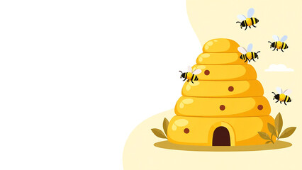 Banner Illustration yellow beehive with bees on the right on the white background, minimalistic, copy space for text. Bee day,