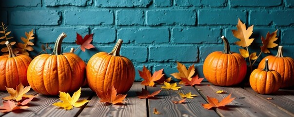 Autumn leaves scattered around a pumpkin patch on wooden floor near blue brick wall, autumn, pumpkins