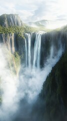 Fototapeta premium Stunning waterfall plunges from high cliffs into a misty valley surrounded by lush green mountains, creating a breathtaking natural landscape
