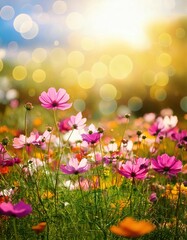 Fototapeta premium Sun-kissed Meadow: A vibrant field of pink and purple cosmos blooms in the soft glow of a summer sunset, creating a serene and joyful scene. The gentle bokeh effect adds a dreamy touch to the image.