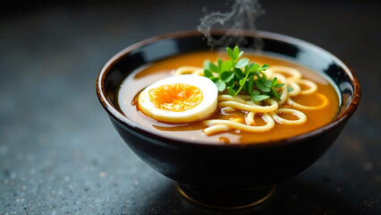Japanese soup ramen in bowl on dark background. Commercial promotional food
