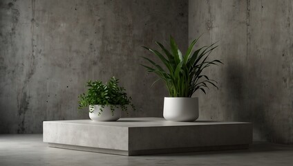 interior design of room with plant on a white vase on top of a rectangle concrete podium with concrete wall