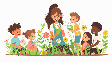 Kindergarten Teacher with Kids Group Vector Illustration