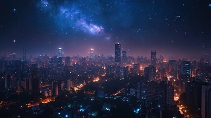 Night View of Mumbai's Skyline with City Lights and Skyscrapers Under a Starry Sky -