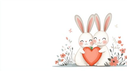 Fototapeta premium Two cute rabbits hold a heart surrounded by flowers, conveying a sense of love and joy in a whimsical, pastel-colored illustration.