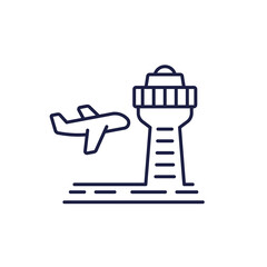 control tower in airport line icon with a plane