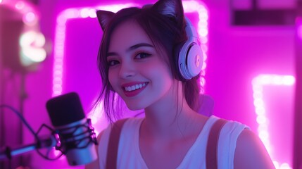 A young woman with headphones smiles and microphone for an online stream, background purple pink neon lights.