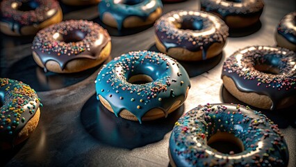 Overhead view: vibrant glazed donuts, a delectable bakery treat, sweet dessert photography.