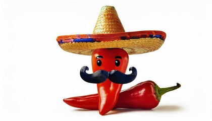 Cartoon Red Chili Pepper with Mustache and Sombrero Hat, Representing Mexican Culture and Spicy Cuisine Concepts in Fun Art

