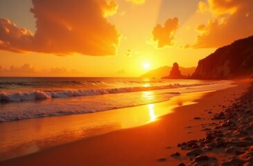 A beautiful sunset over a tranquil beach with palm trees in the background