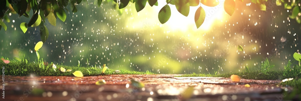 Poster rain is falling on a stone surface with green grass and leaves, creating a refreshing and peaceful s