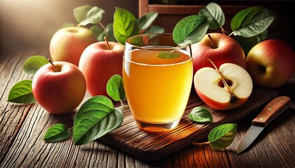 A glass of fresh apple juice with a slice of apple on the rim