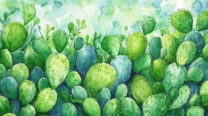 Watercolor painting of a vibrant prickly pear cactus landscape.